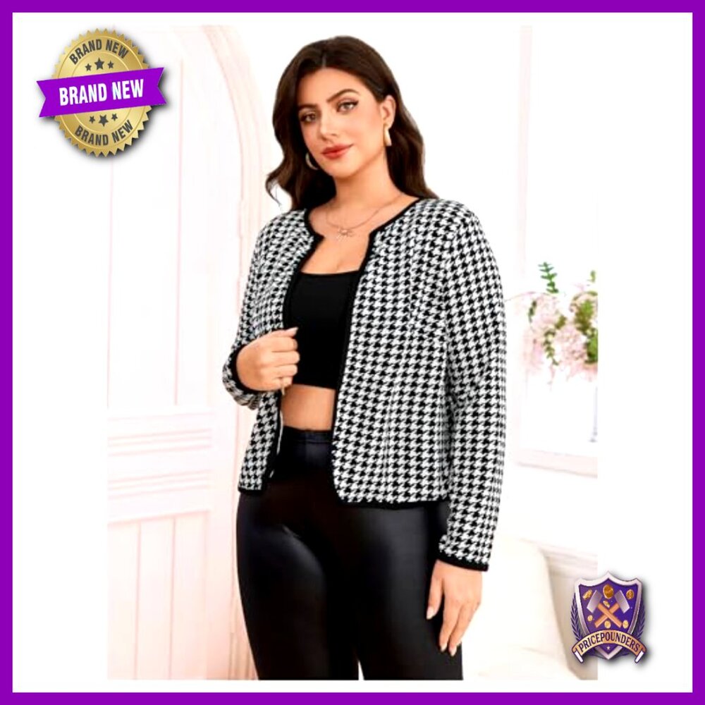 Plus Size Houndstooth Open Front Long Sleeve Casu… - image 3